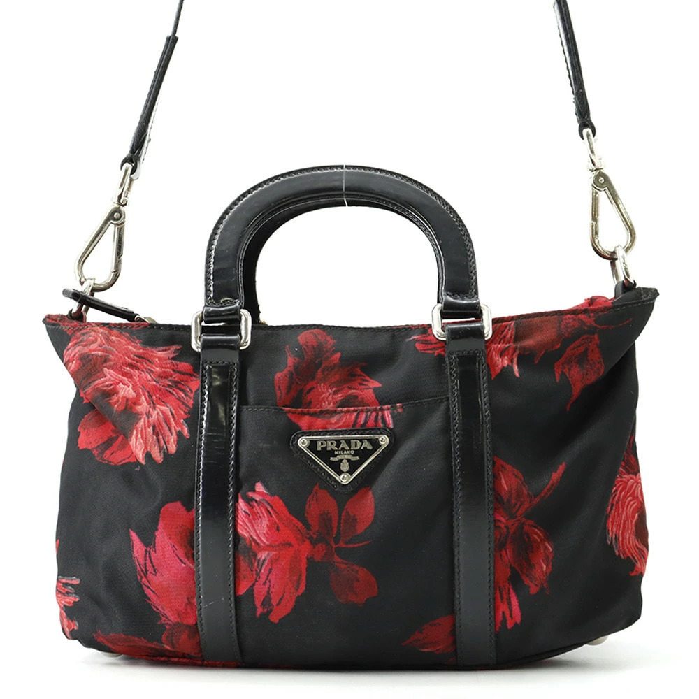 Prada handbag flower motif shoulder bag black